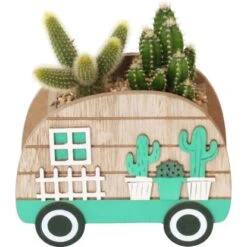 Kaktus-Arrangement Im Holz-Campingwagen Topf-Ø Ca. 15 Cm